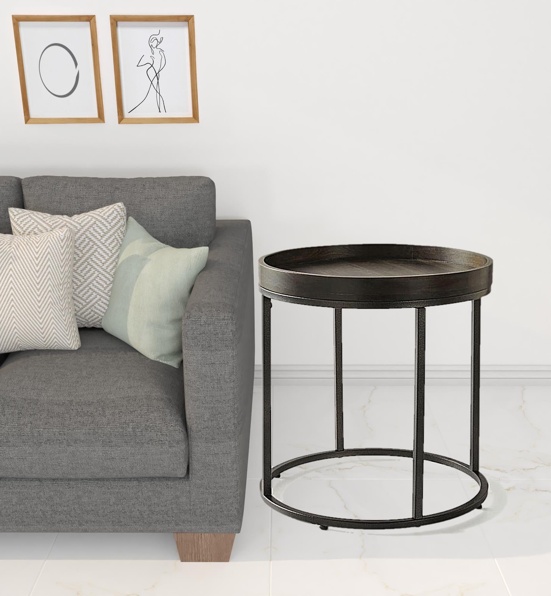 22" Black And Dark Walnut Solid Wood Round End Table