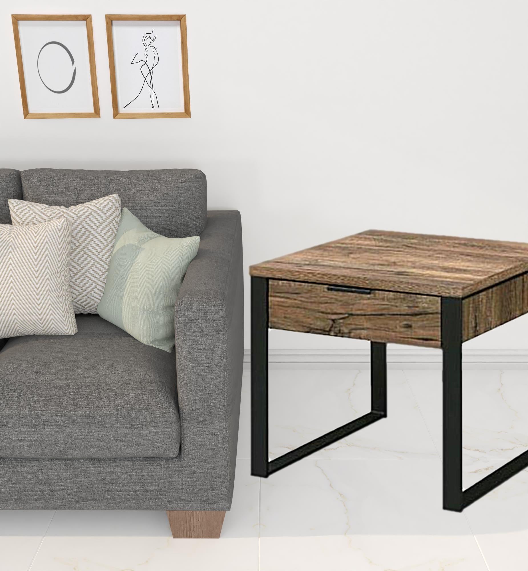 22" Black And Weathered Oak Square End Table With Drawer