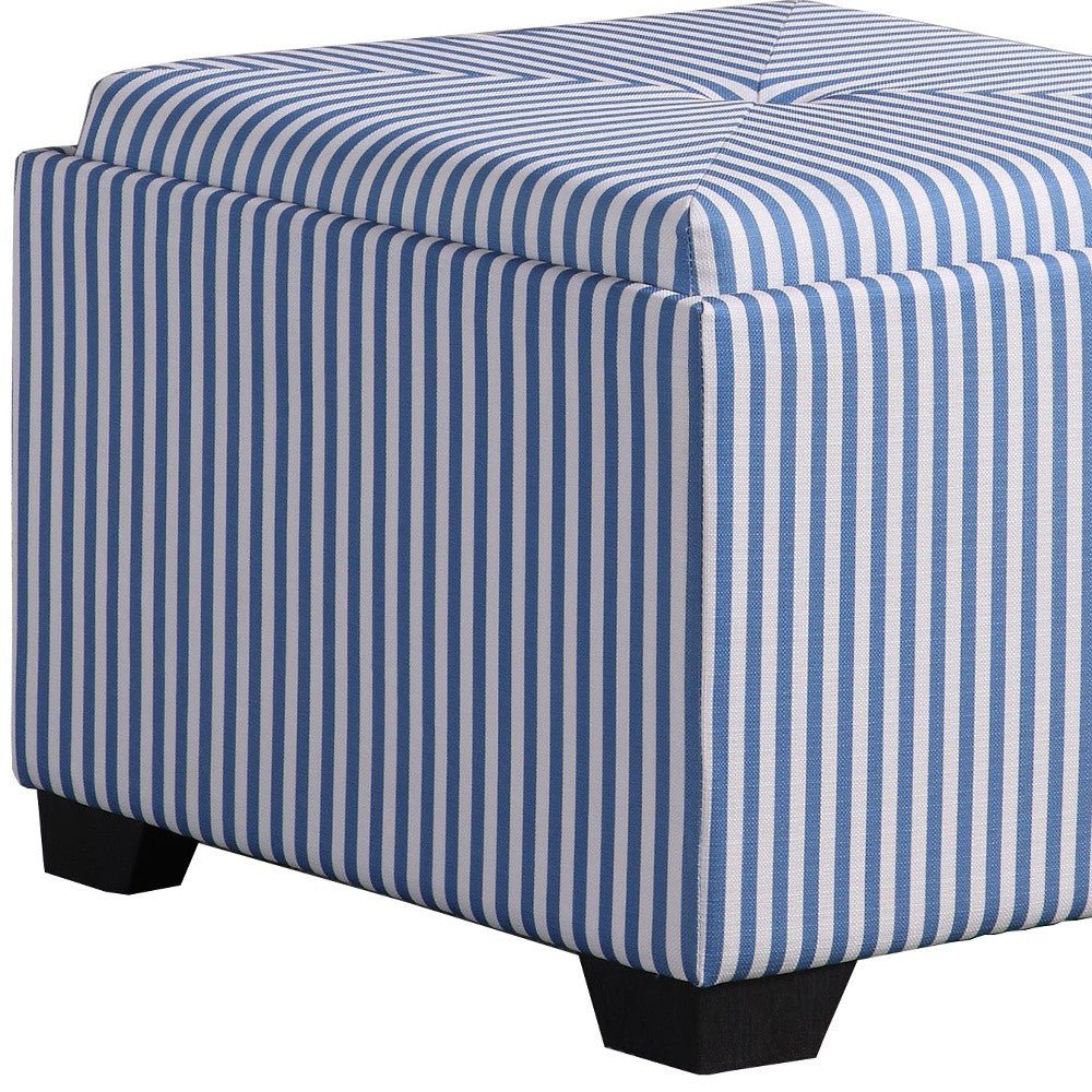 22" Blue And White Faux Leather And Black Tufted Striped Storage Ottoman