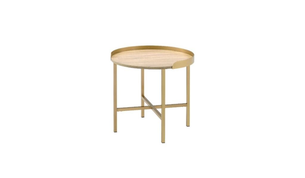 22" Gold And Oak Manufactured Wood And Metal Round End Table