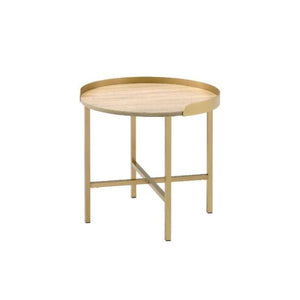 22" Gold And Oak Manufactured Wood And Metal Round End Table