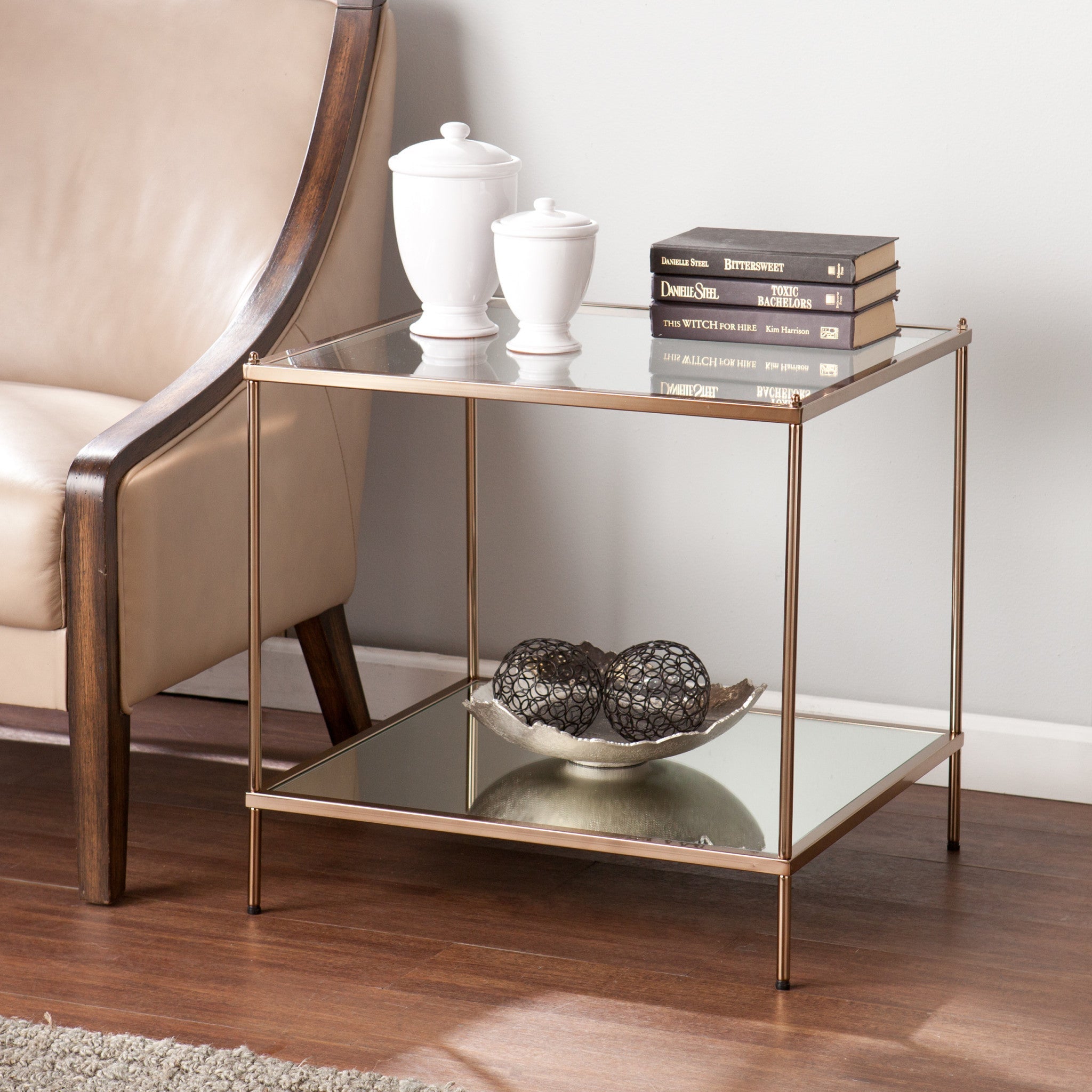 22" Gold Glass And Iron Square Mirrored End Table