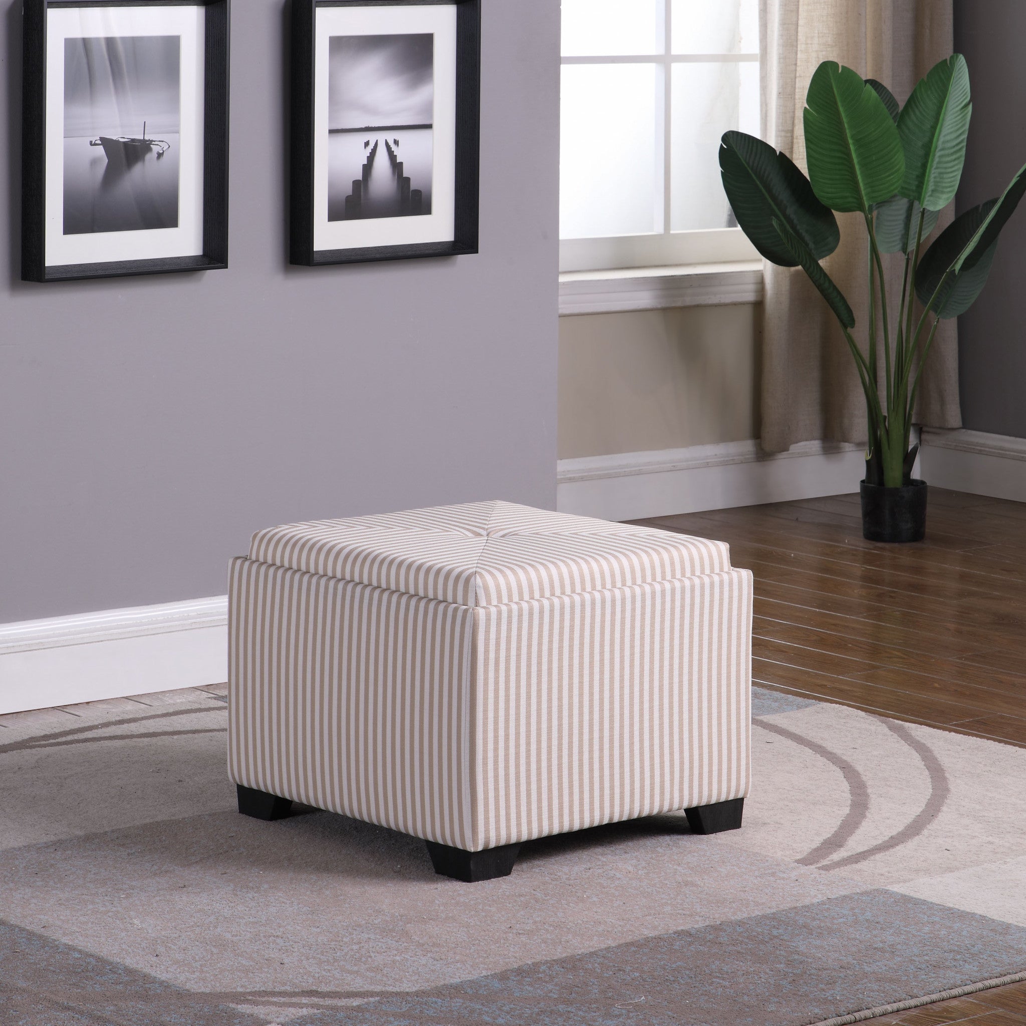 22" Gray And White Faux Leather And Black Tufted Striped Storage Ottoman