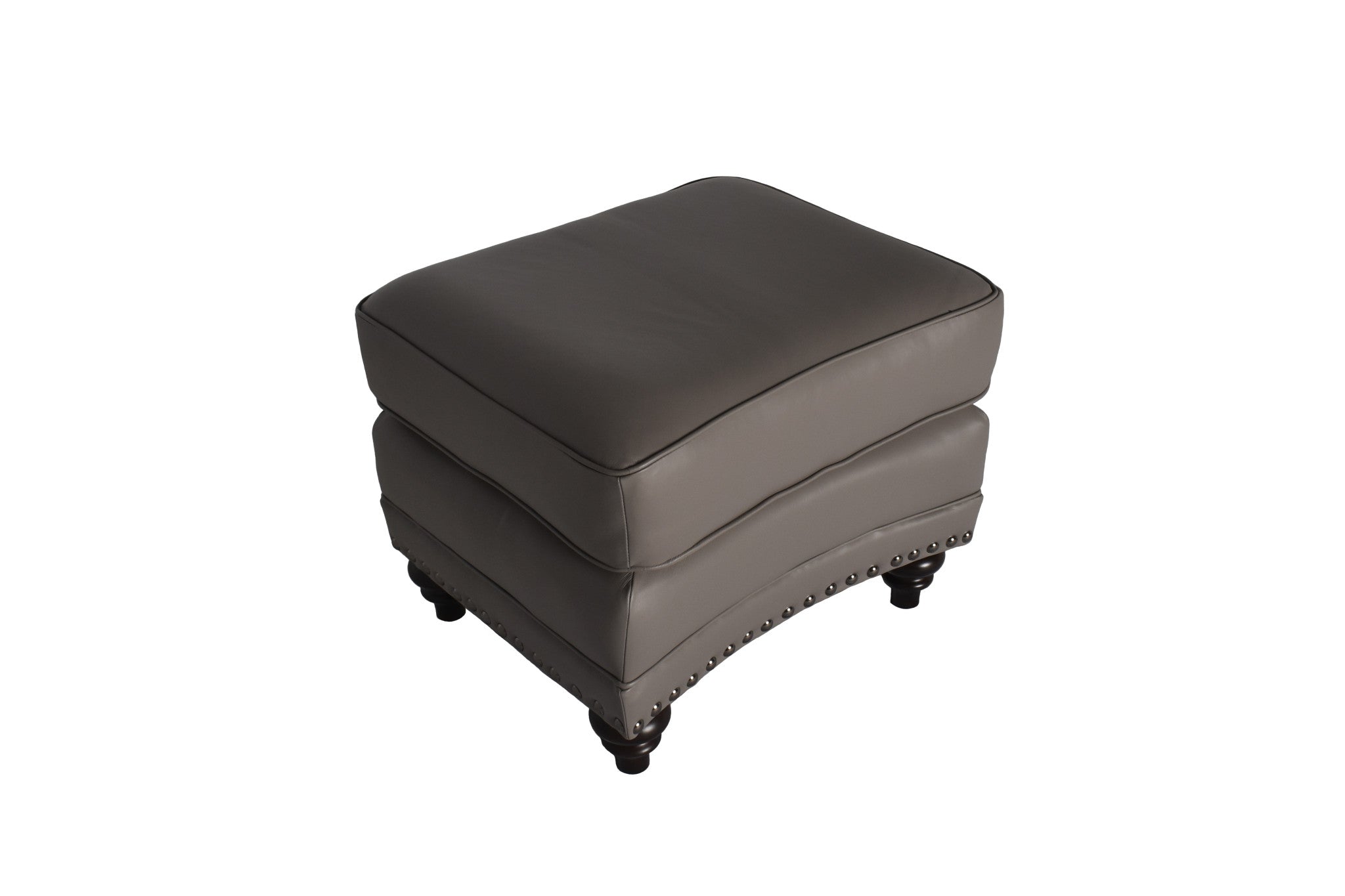 22" Grey Genuine Leather And Walnut Ottoman