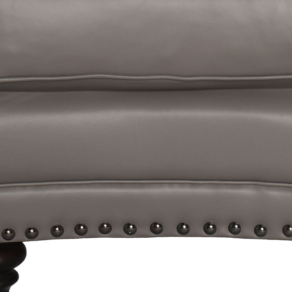 22" Grey Genuine Leather And Walnut Ottoman
