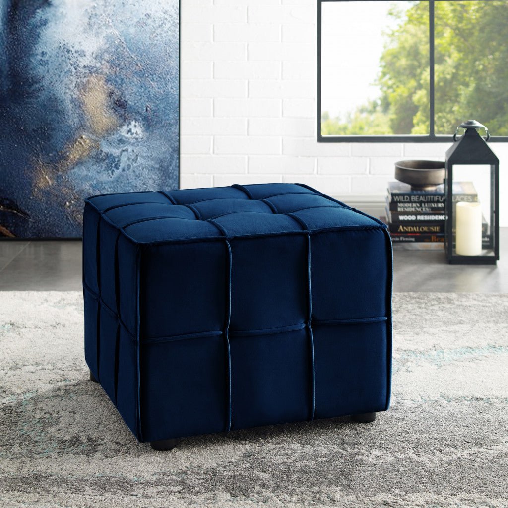22" Navy Velvet And Black Cube Ottoman