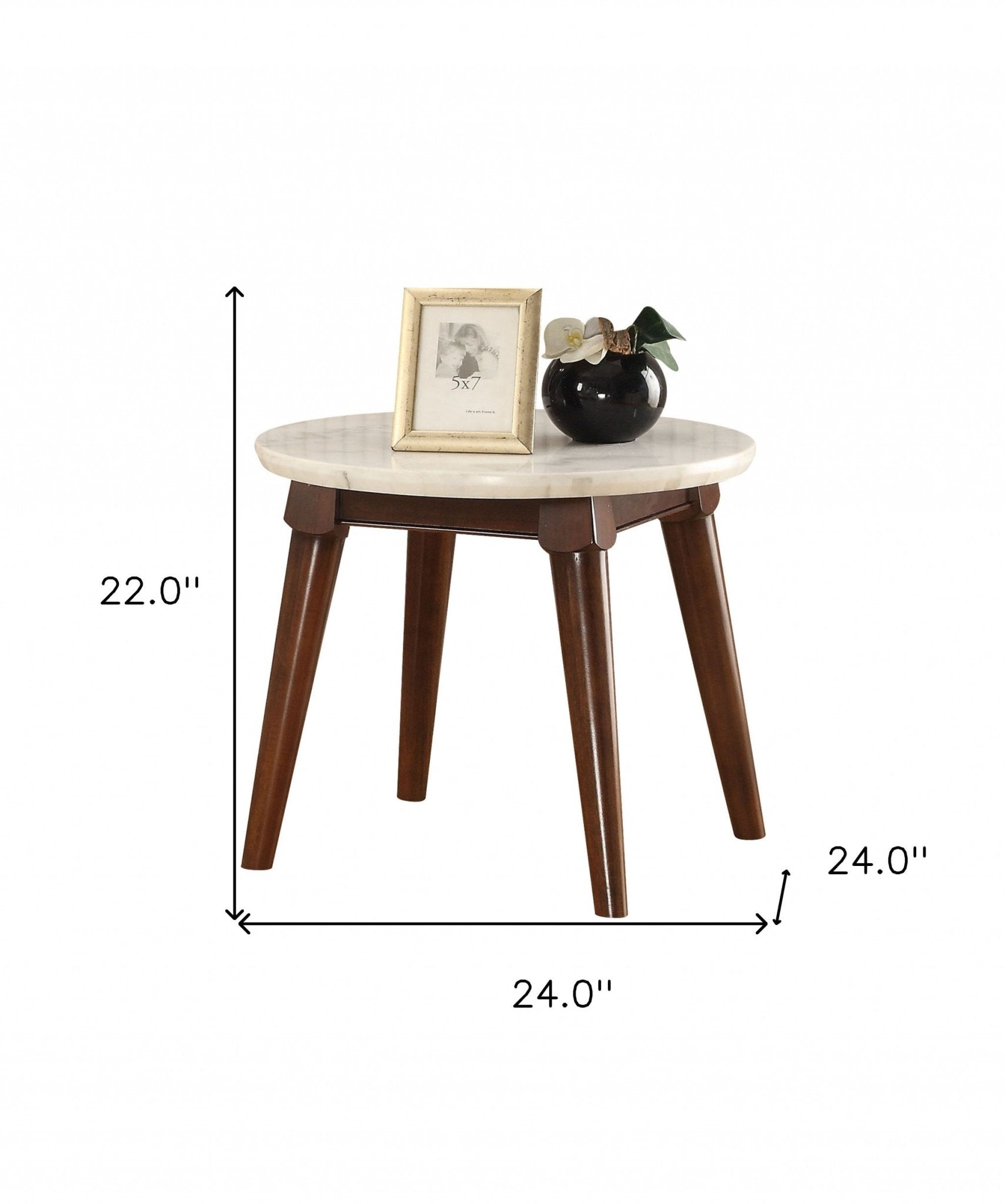22" Walnut And White Faux Marble Round End Table