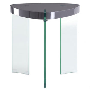 23" Clear And Gray Manufactured Wood And Glass Triangular End Table