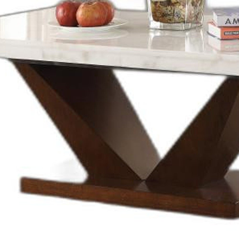 23" Walnut And White Marble Manufactured Wood Square End Table
