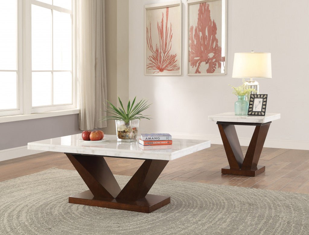 23" Walnut And White Marble Manufactured Wood Square End Table
