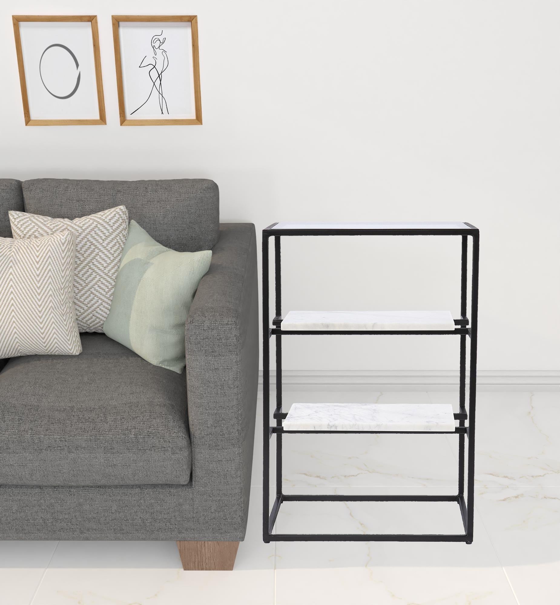 24" Black Glass and Marble Rectangular End Table With Two Shelves