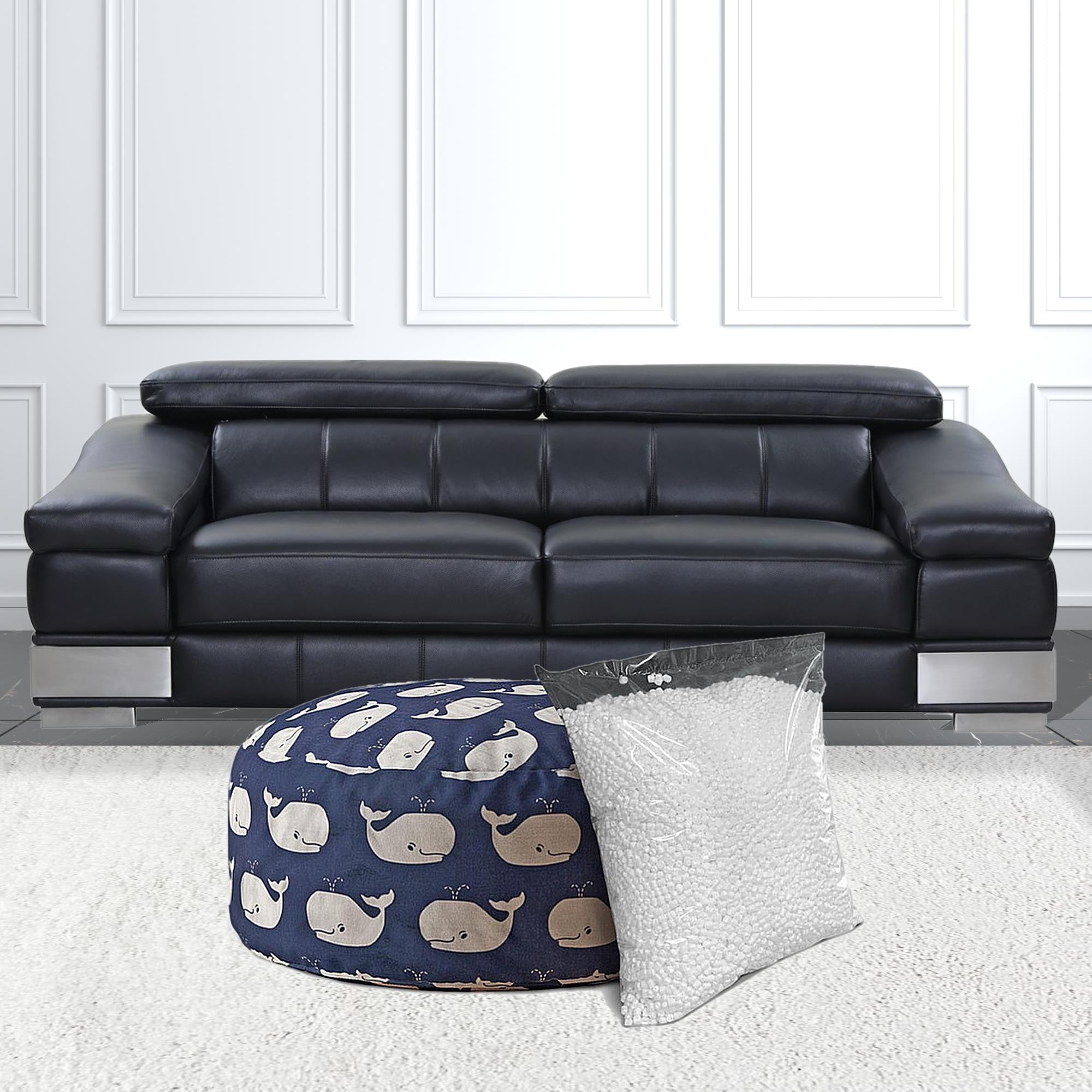 24" Blue And Grey Twill Round Animal Print Pouf Ottoman