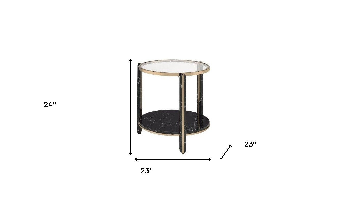 24" Champagne And Clear Glass And Metal Round End Table With Shelf