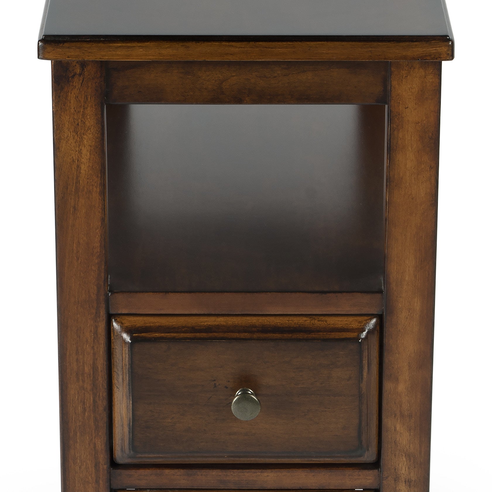 24" Cherry Brown Narrow End Table With Two Drawers And Shelf