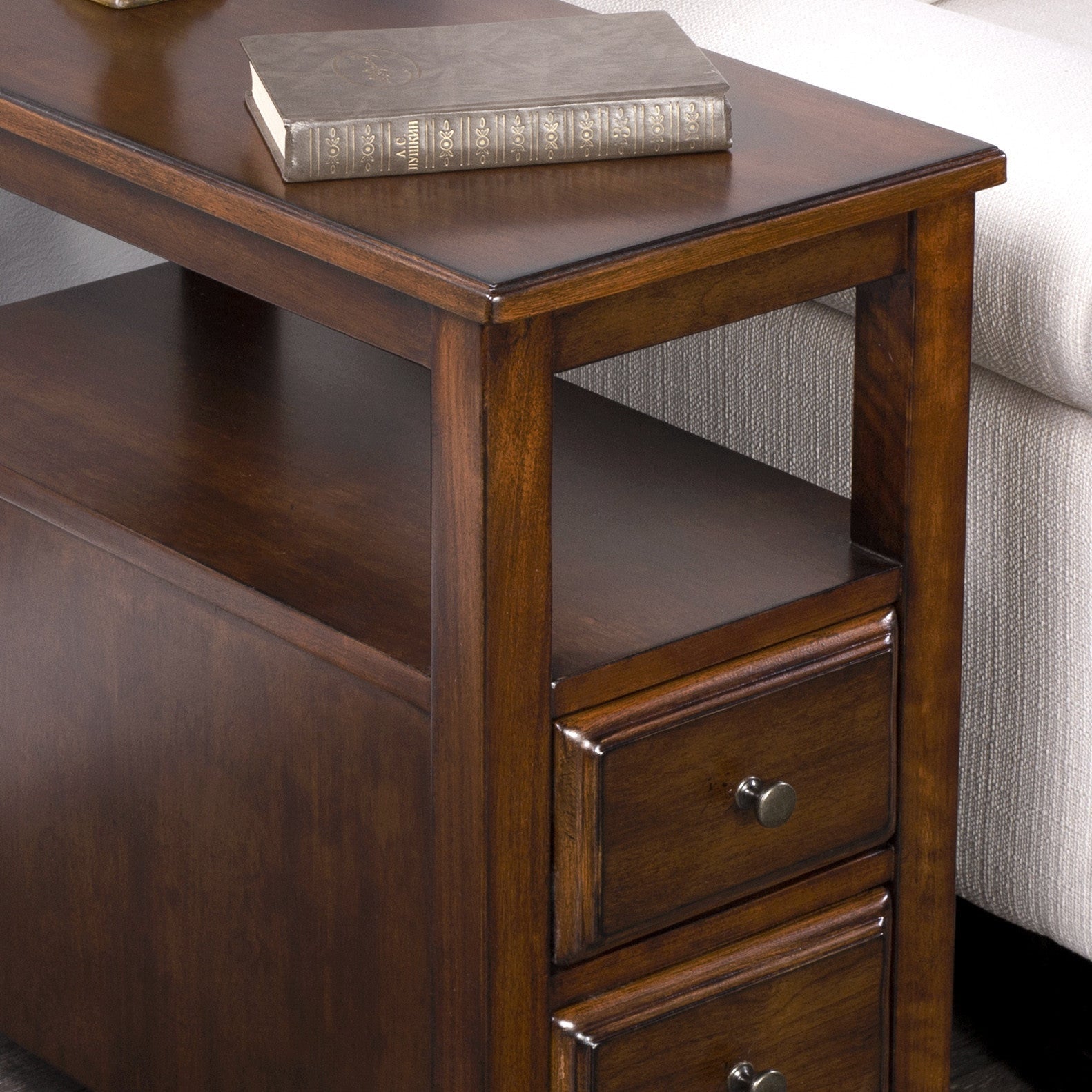 24" Cherry Brown Narrow End Table With Two Drawers And Shelf