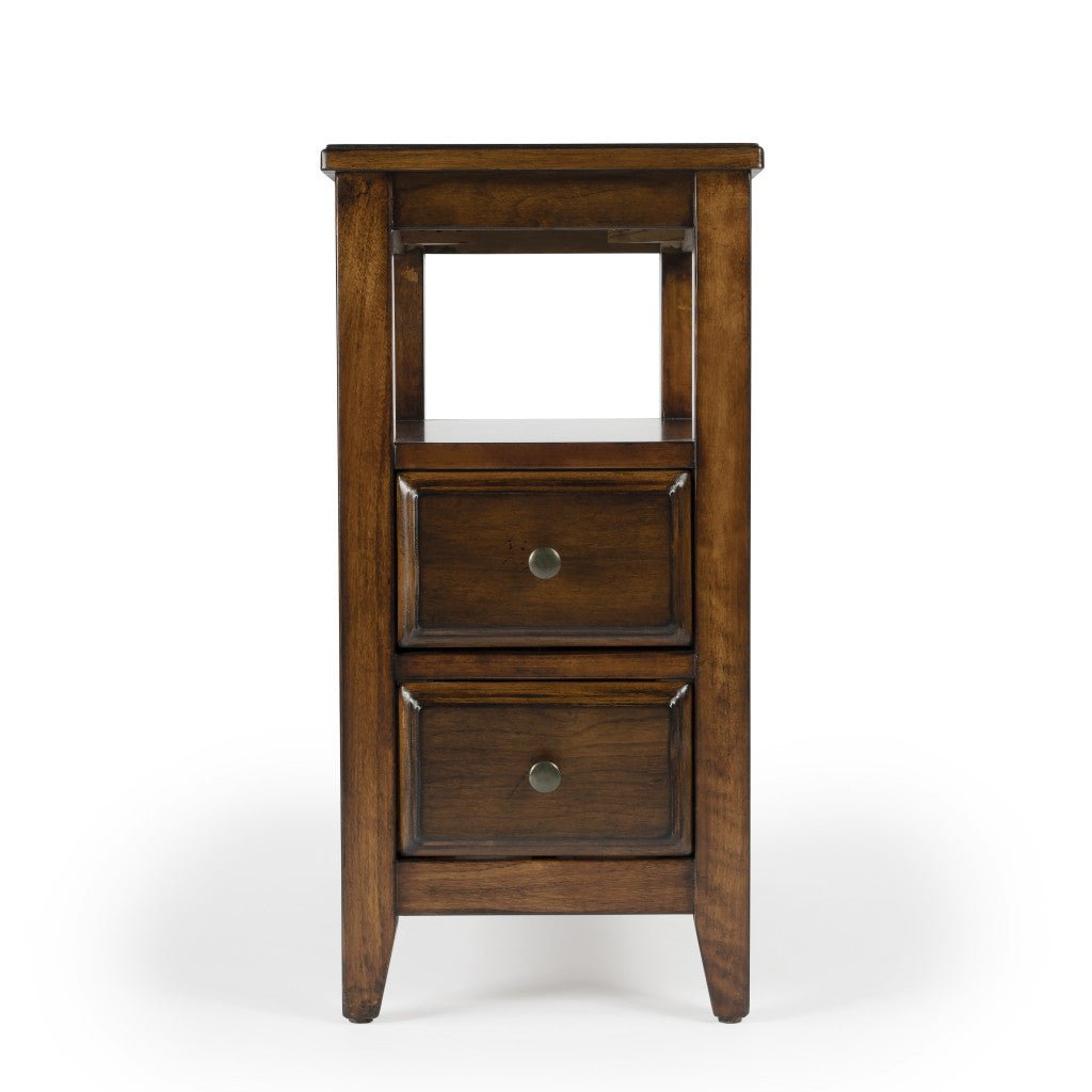 24" Cherry Brown Narrow End Table With Two Drawers And Shelf