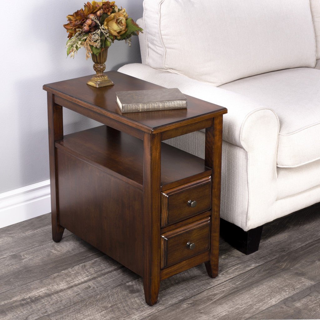 24" Cherry Brown Narrow End Table With Two Drawers And Shelf
