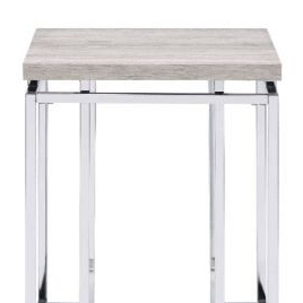 24" Chrome And Natural Oak Manufactured Wood And Metal Square End Table