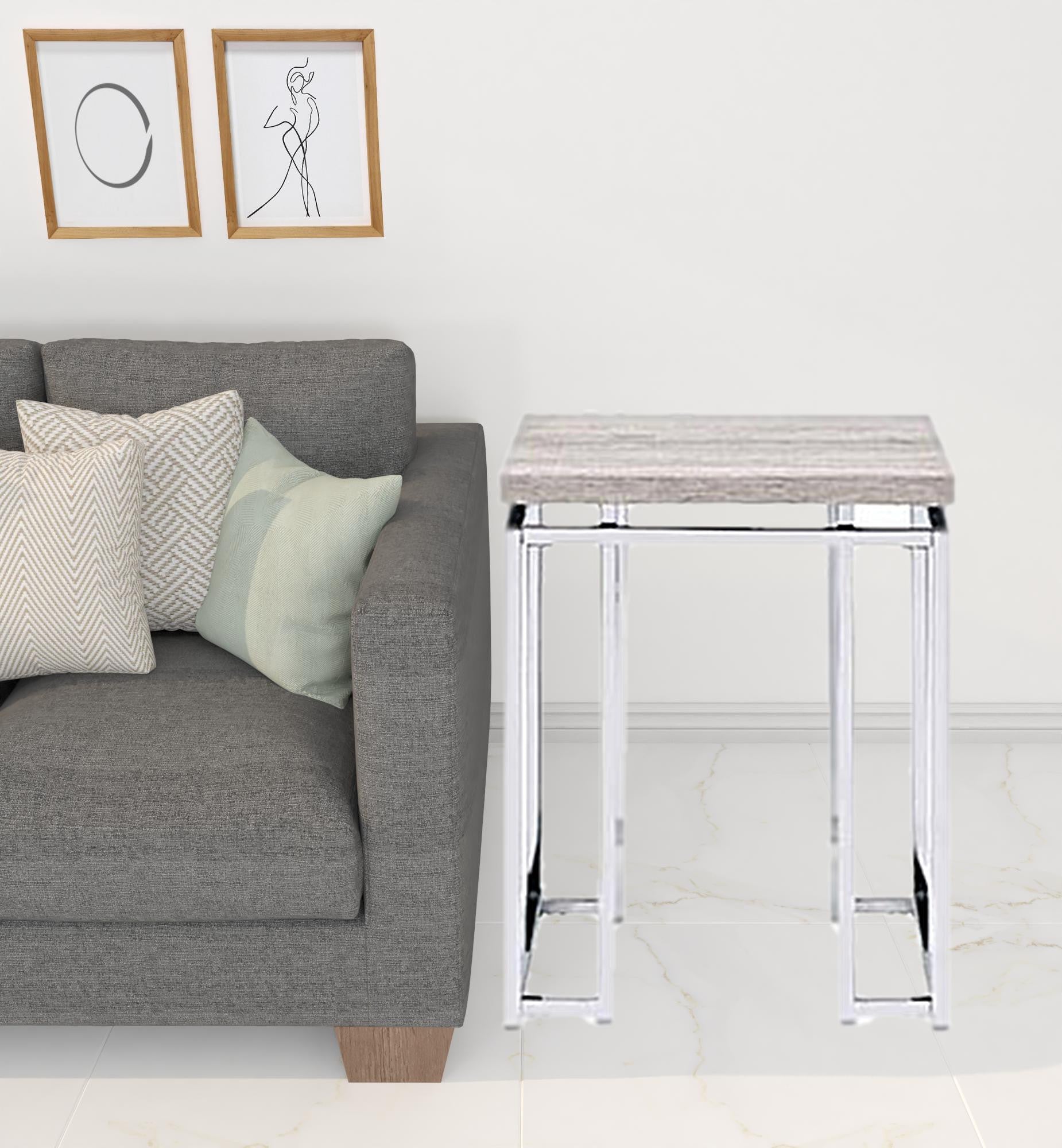 24" Chrome And Natural Oak Manufactured Wood And Metal Square End Table