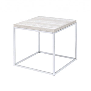 24" Chrome And White Oak Manufactured Wood And Metal Square End Table