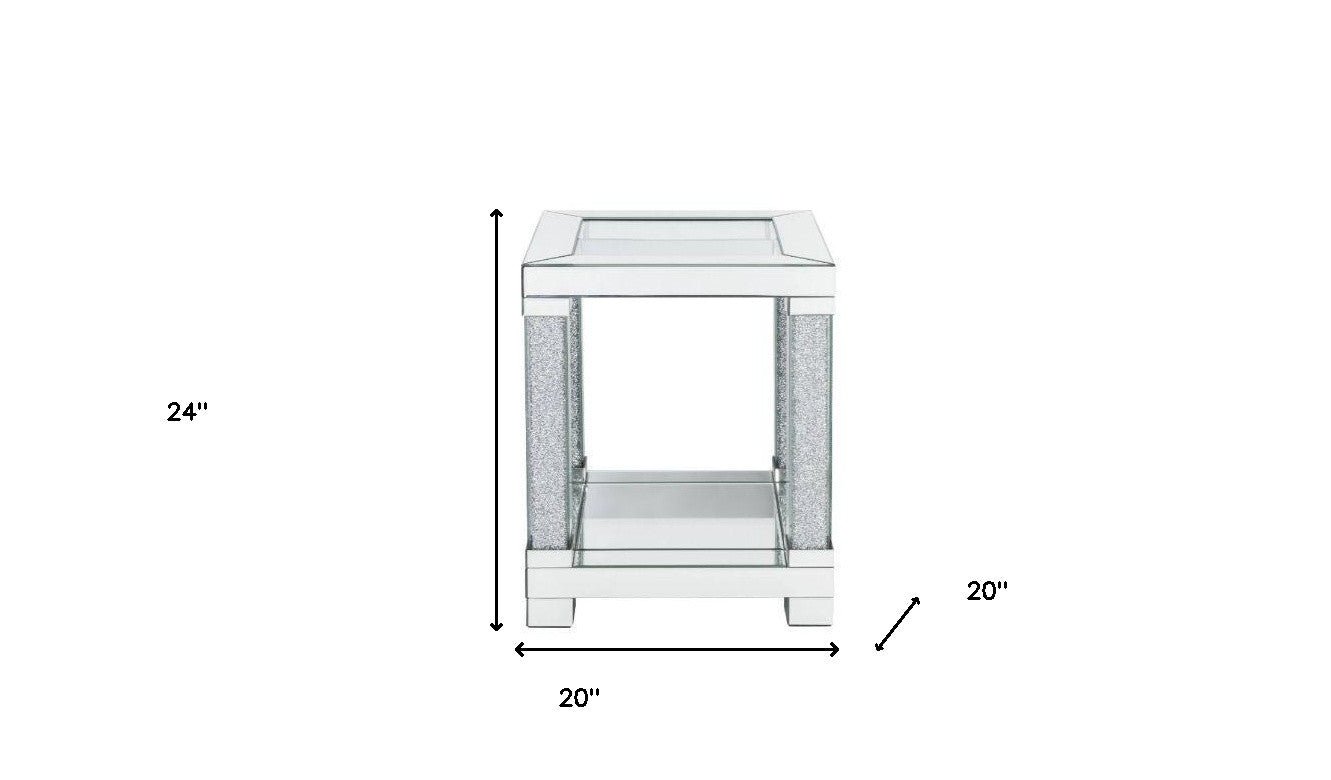 24" Clear Glass And Mirrored Square End Table With Shelf