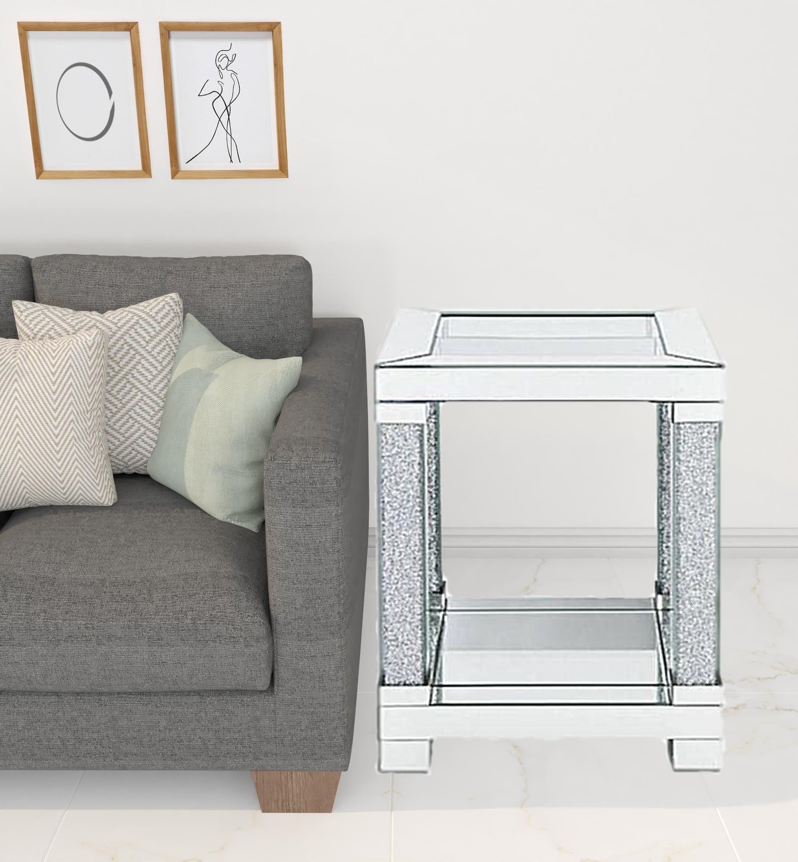 24" Clear Glass And Mirrored Square End Table With Shelf