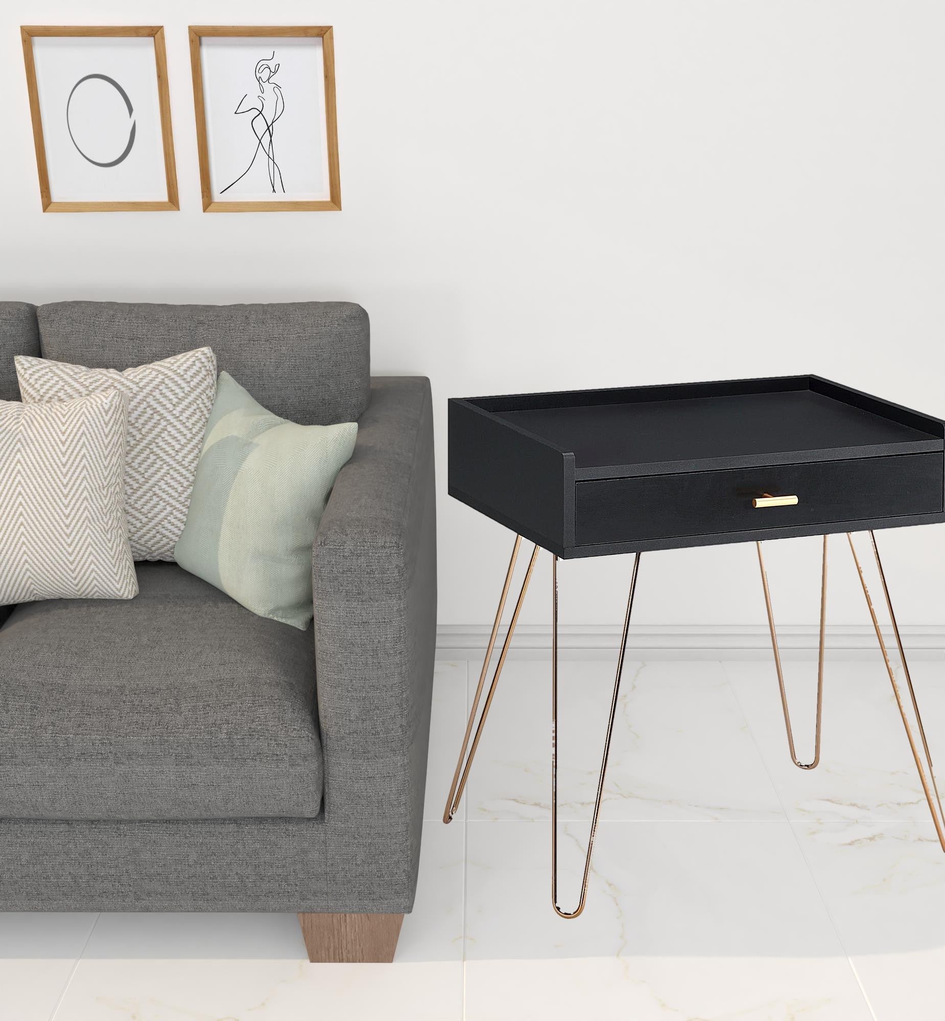 24" Gold And Black Modern Rectangular End Table With Drawer