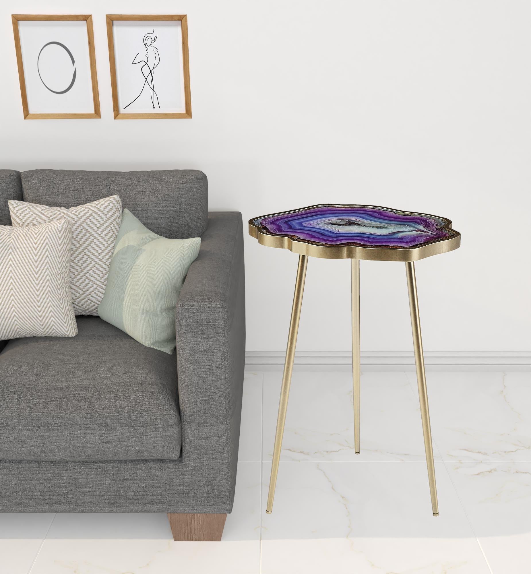 24" Gold And Shades Of Violet Faux Agate End Table