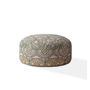 24" Green Cotton Round Damask Pouf Ottoman