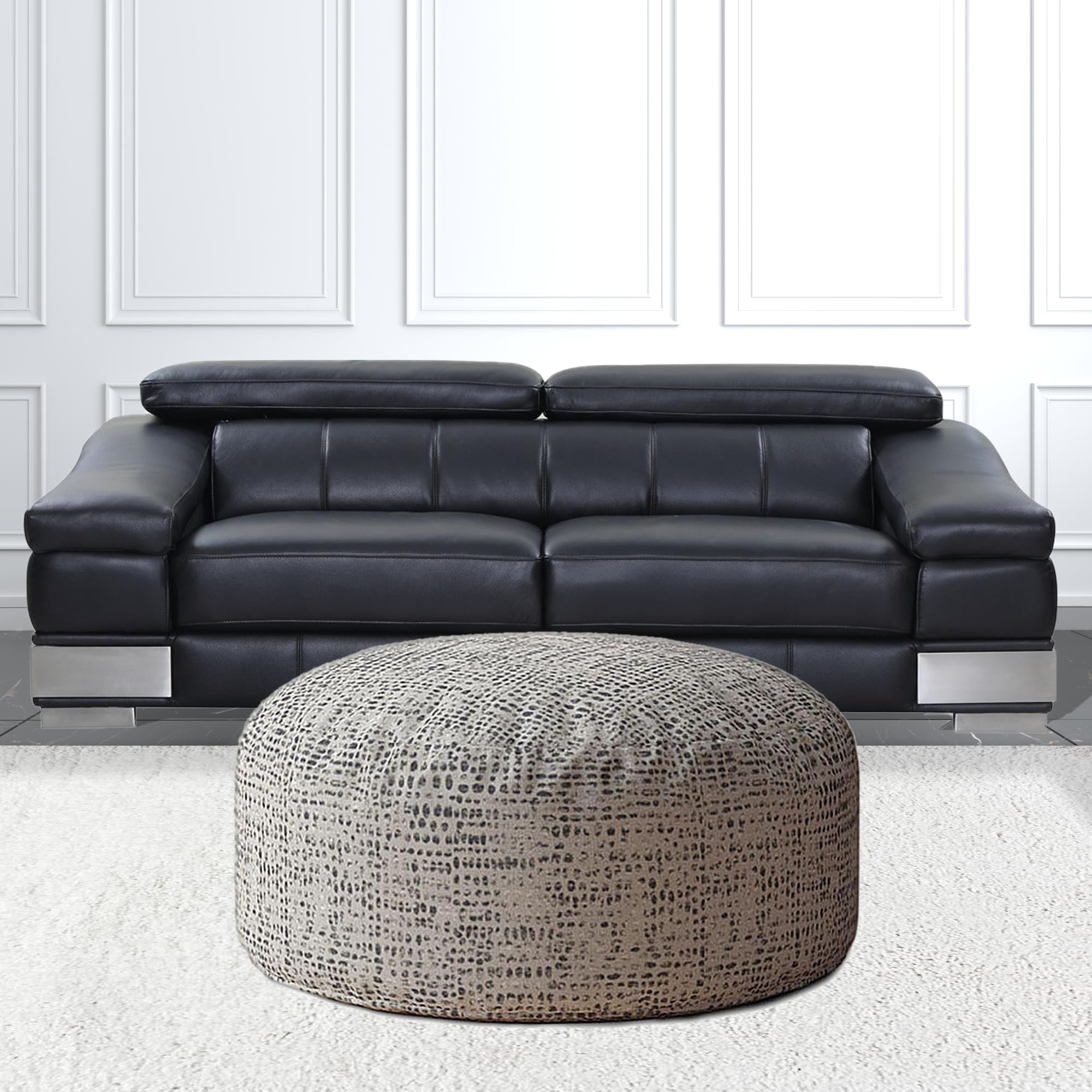 24" Grey And Black Canvas Round Abstract Pouf Ottoman