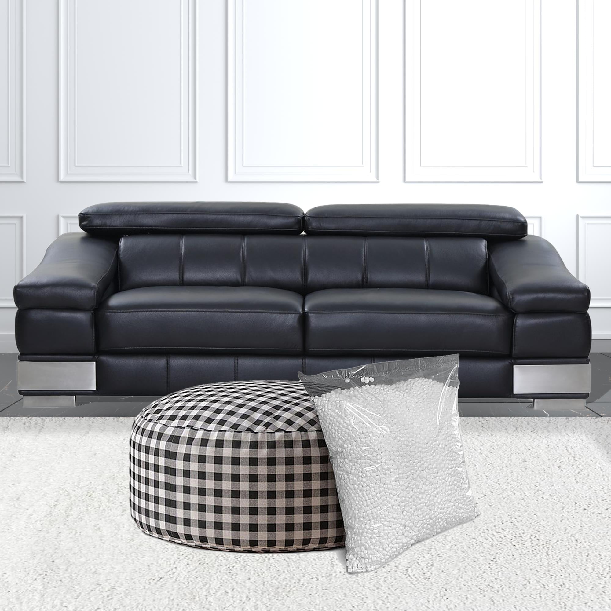 24" Grey And Black Cotton Round Gingham Pouf Ottoman