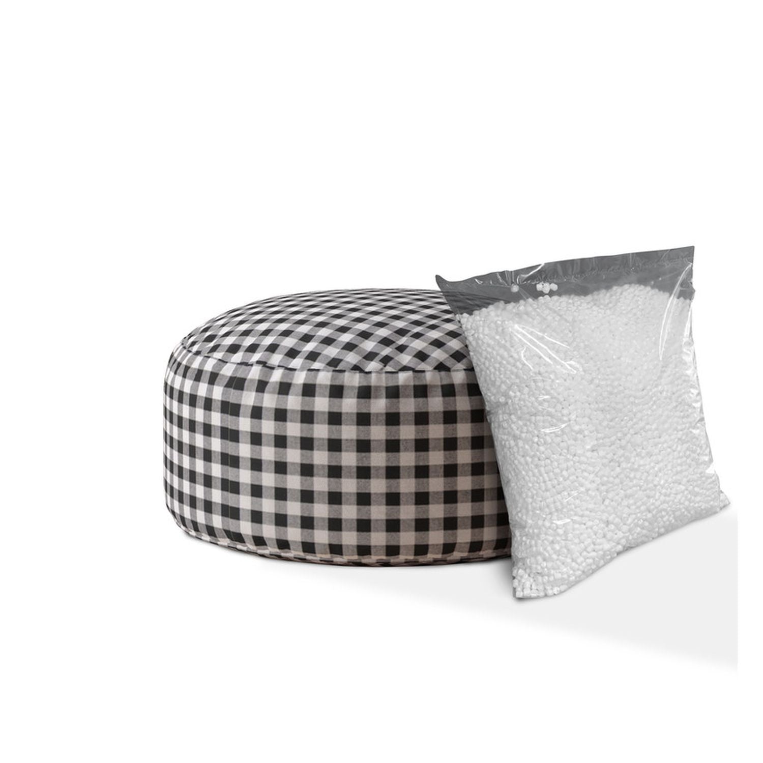24" Grey And Black Cotton Round Gingham Pouf Ottoman