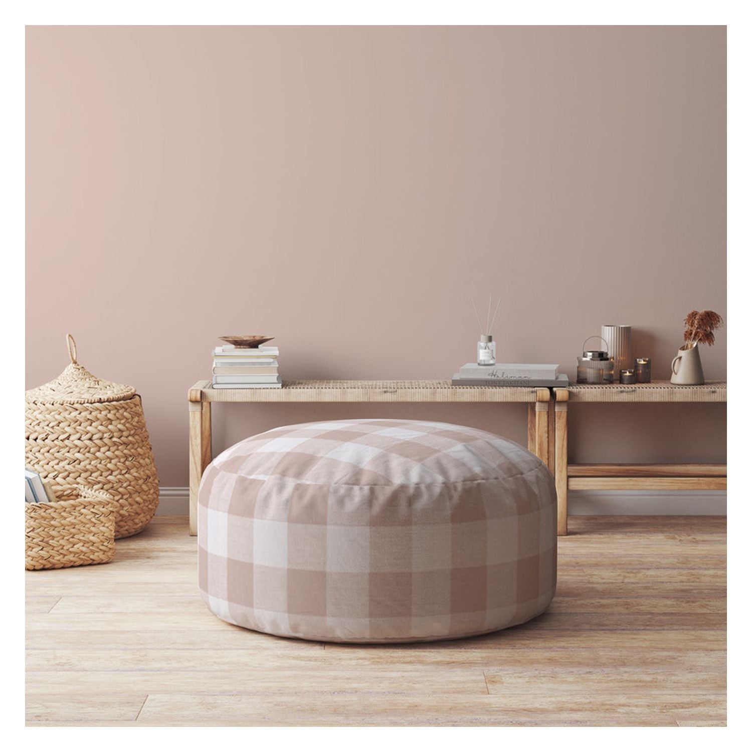 24" Grey And Pink Cotton Round Gingham Pouf Ottoman