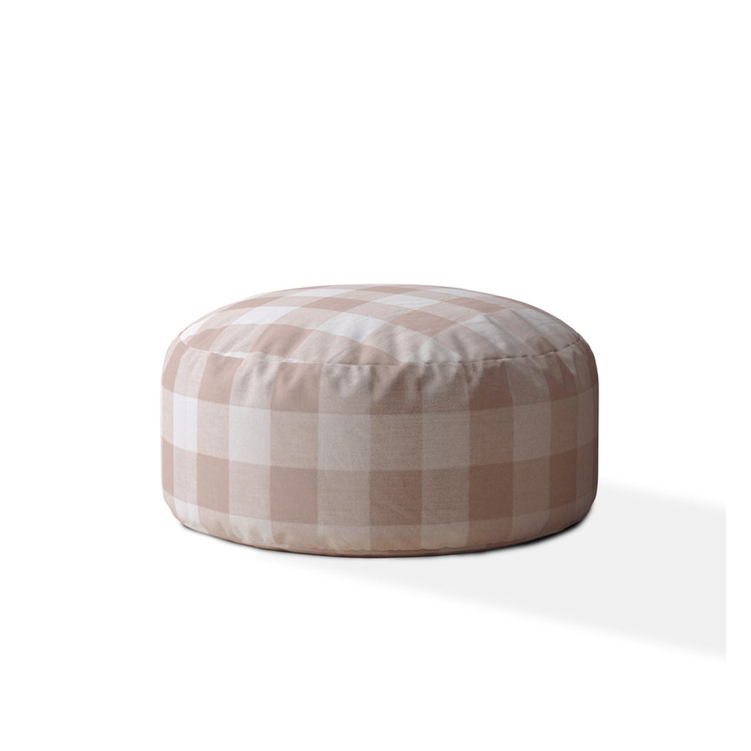 24" Grey And Pink Cotton Round Gingham Pouf Ottoman