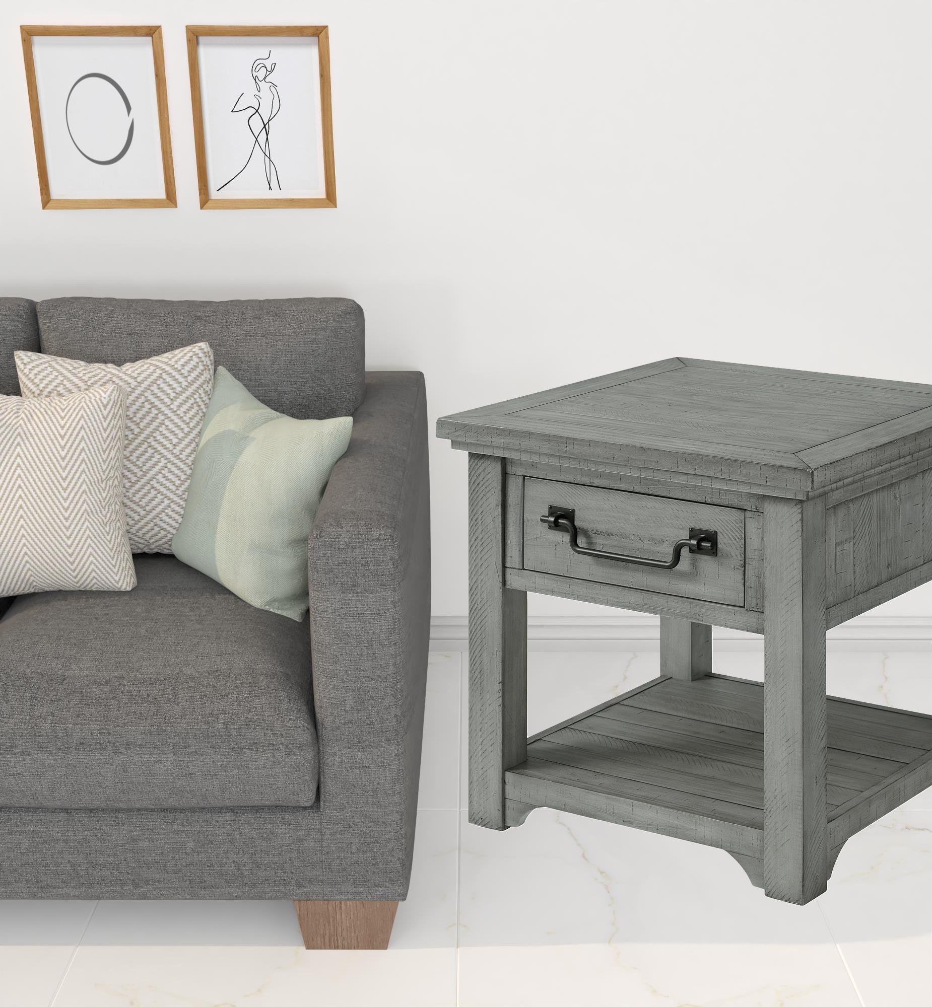 24" Grey Solid Wood Square End Table With Drawer And Shelf