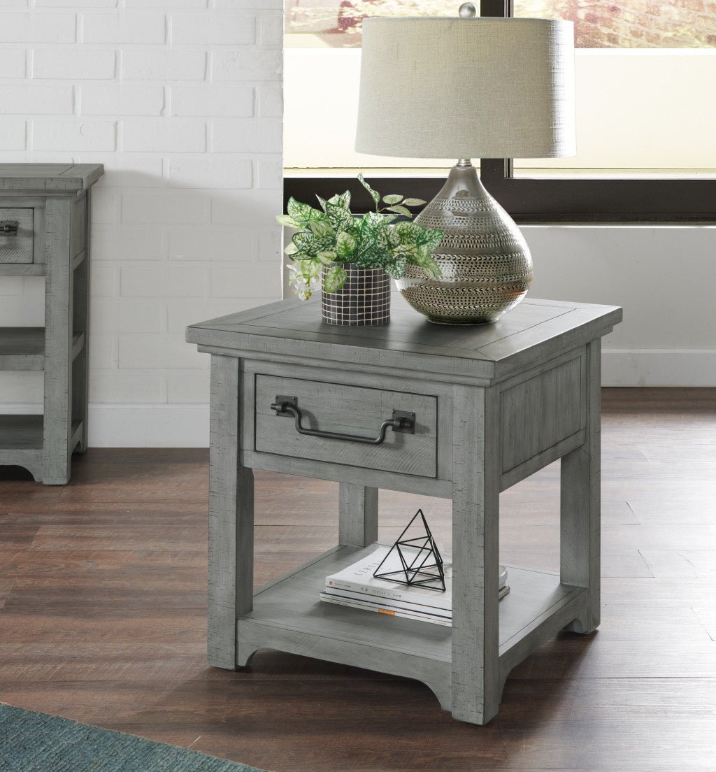 24" Grey Solid Wood Square End Table With Drawer And Shelf
