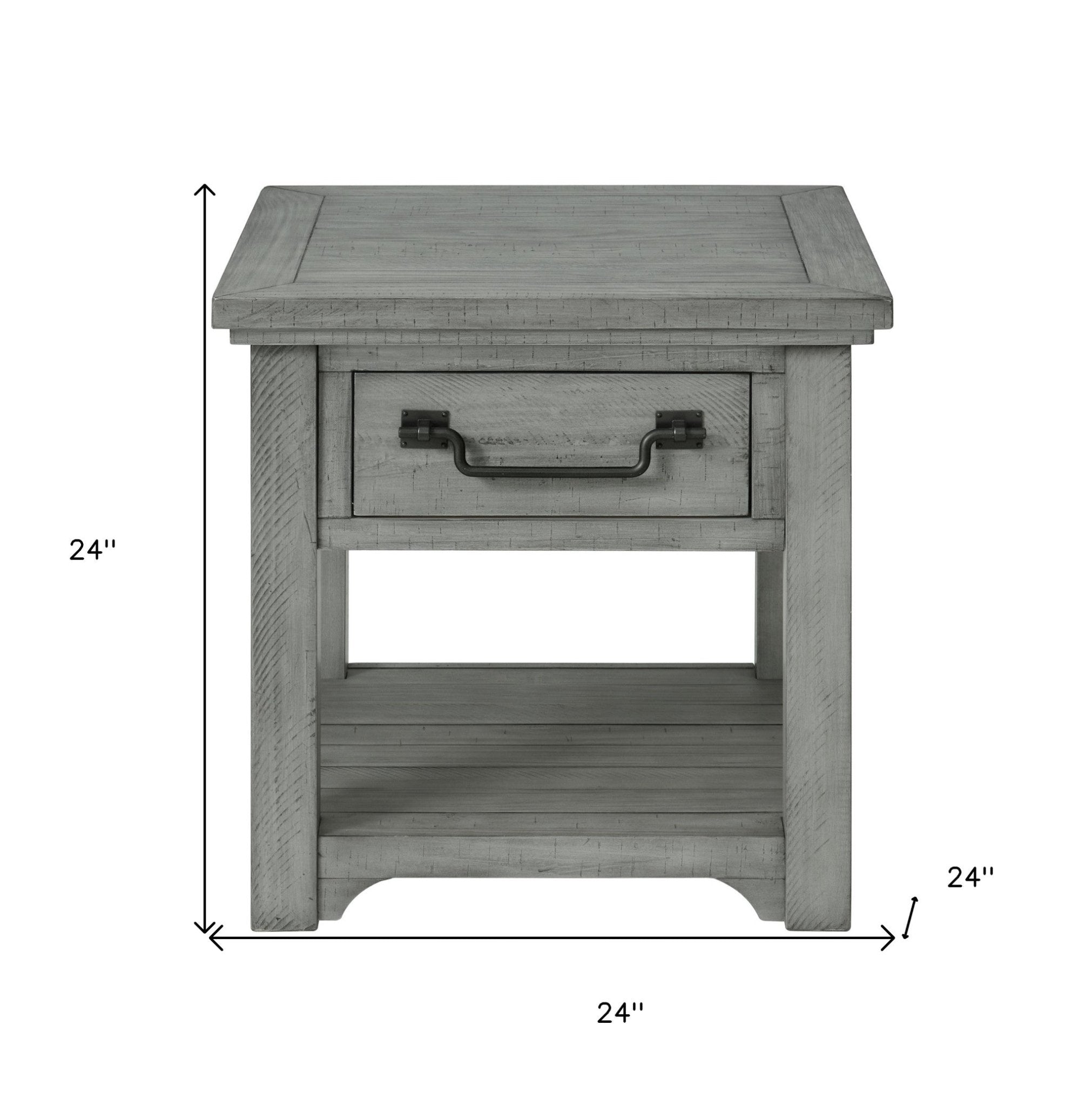 24" Grey Solid Wood Square End Table With Drawer And Shelf