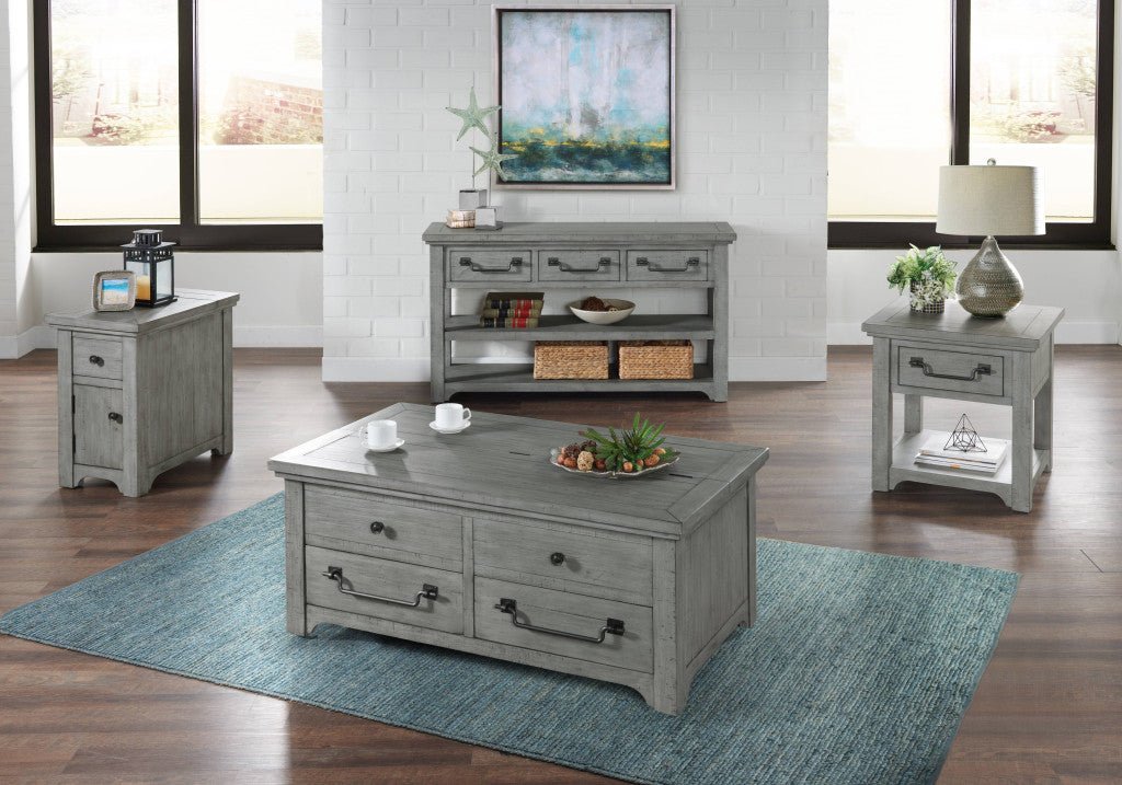 24" Grey Solid Wood Square End Table With Drawer And Shelf
