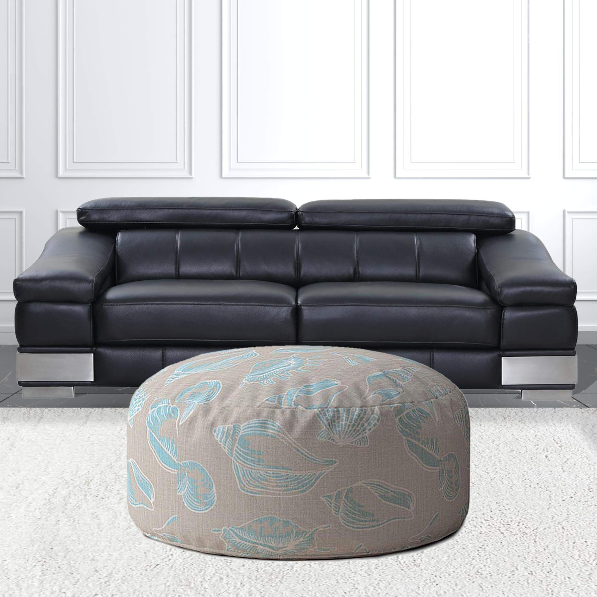 24" Light Blue And Grey Canvas Round Seashell Pouf Ottoman