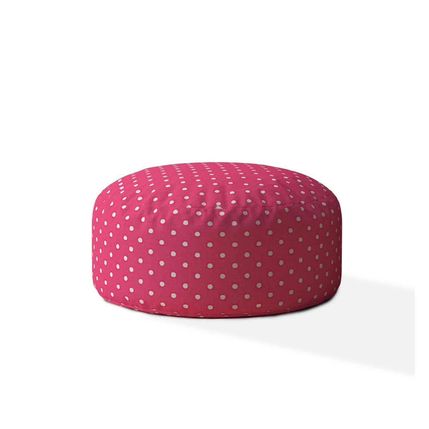 24" Pink And White Cotton Round Polka Dots Pouf Ottoman