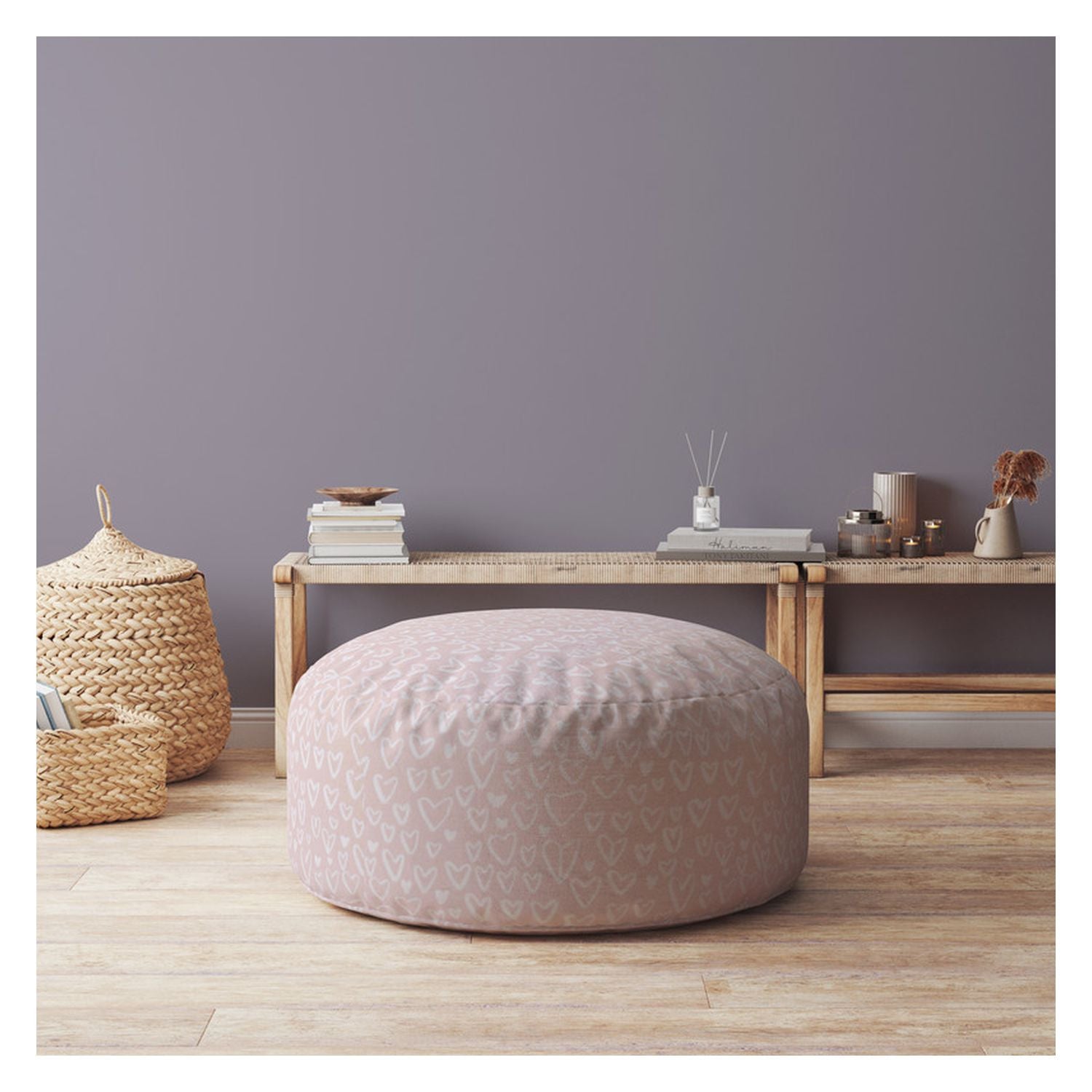 24" Pink Cotton Round Abstract Pouf Ottoman