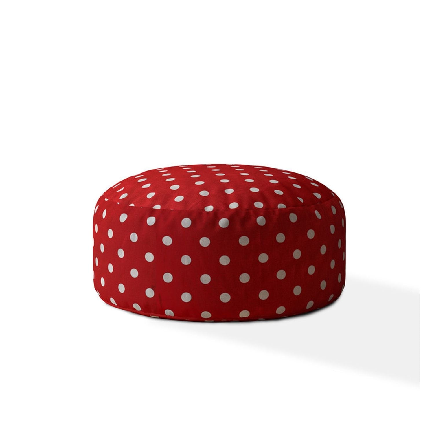 24" Red And White Cotton Round Polka Dots Pouf Ottoman