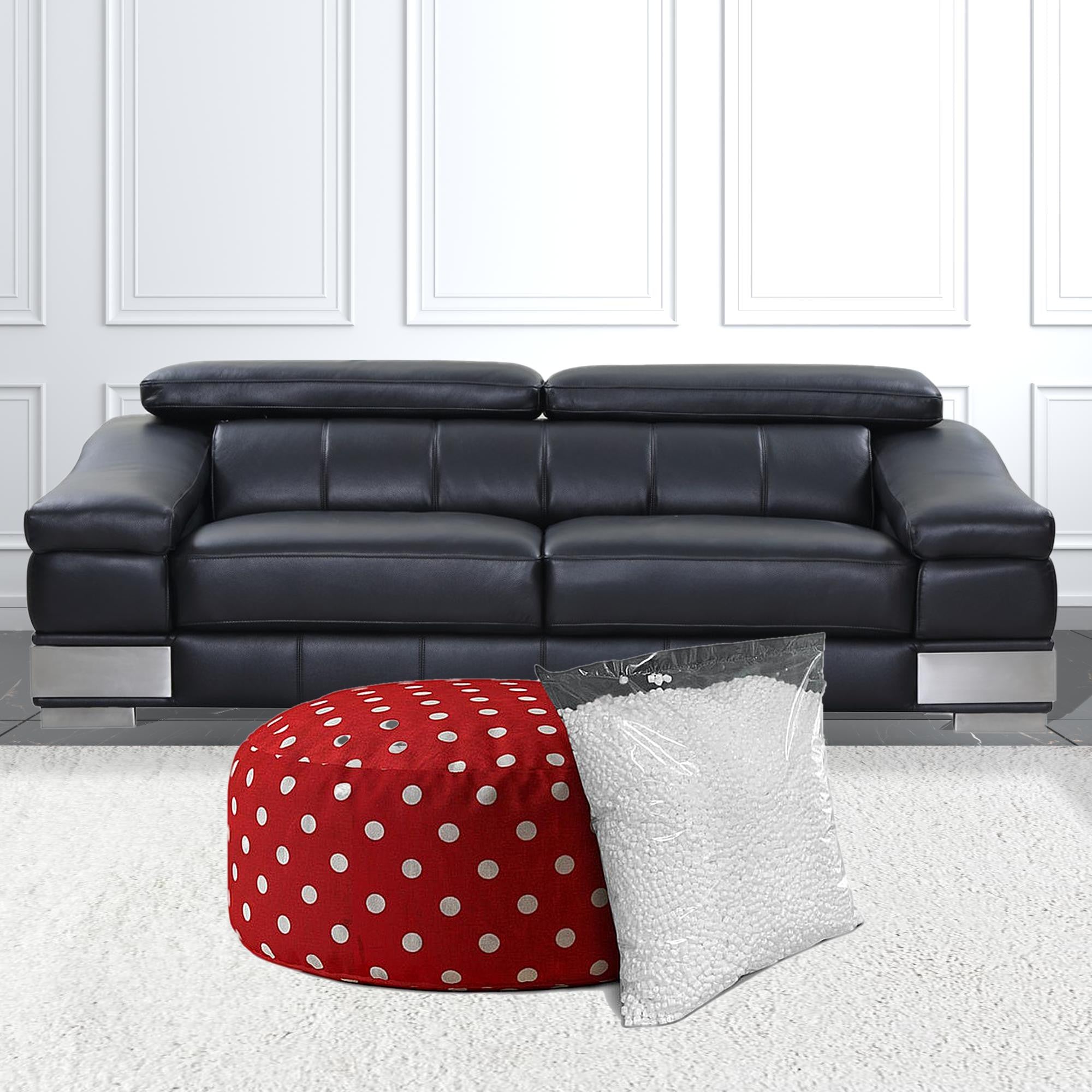 24" Red And White Cotton Round Polka Dots Pouf Ottoman