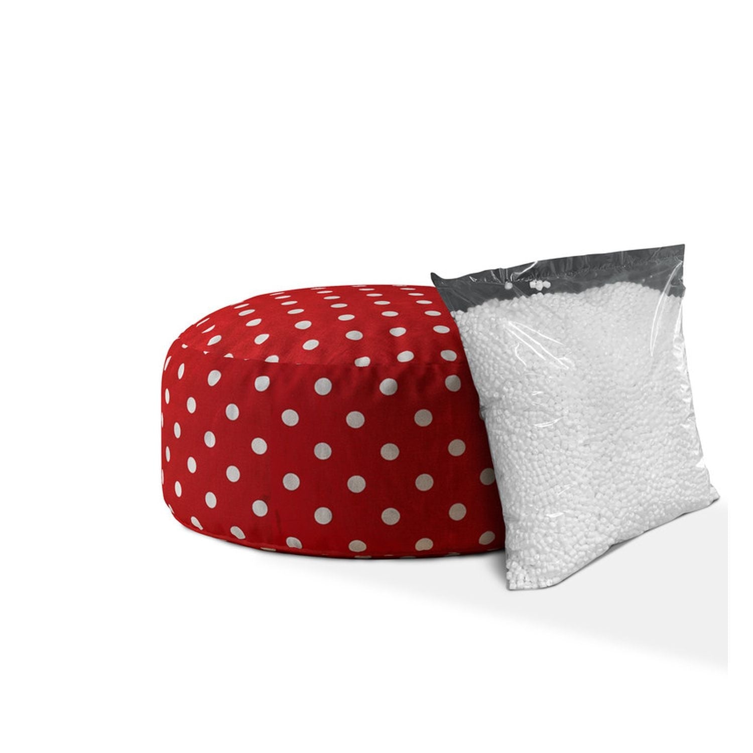 24" Red And White Cotton Round Polka Dots Pouf Ottoman