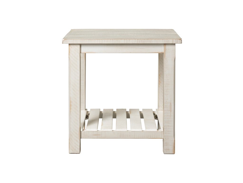 24" Rustic White Solid Wood Square End Table With Shelf