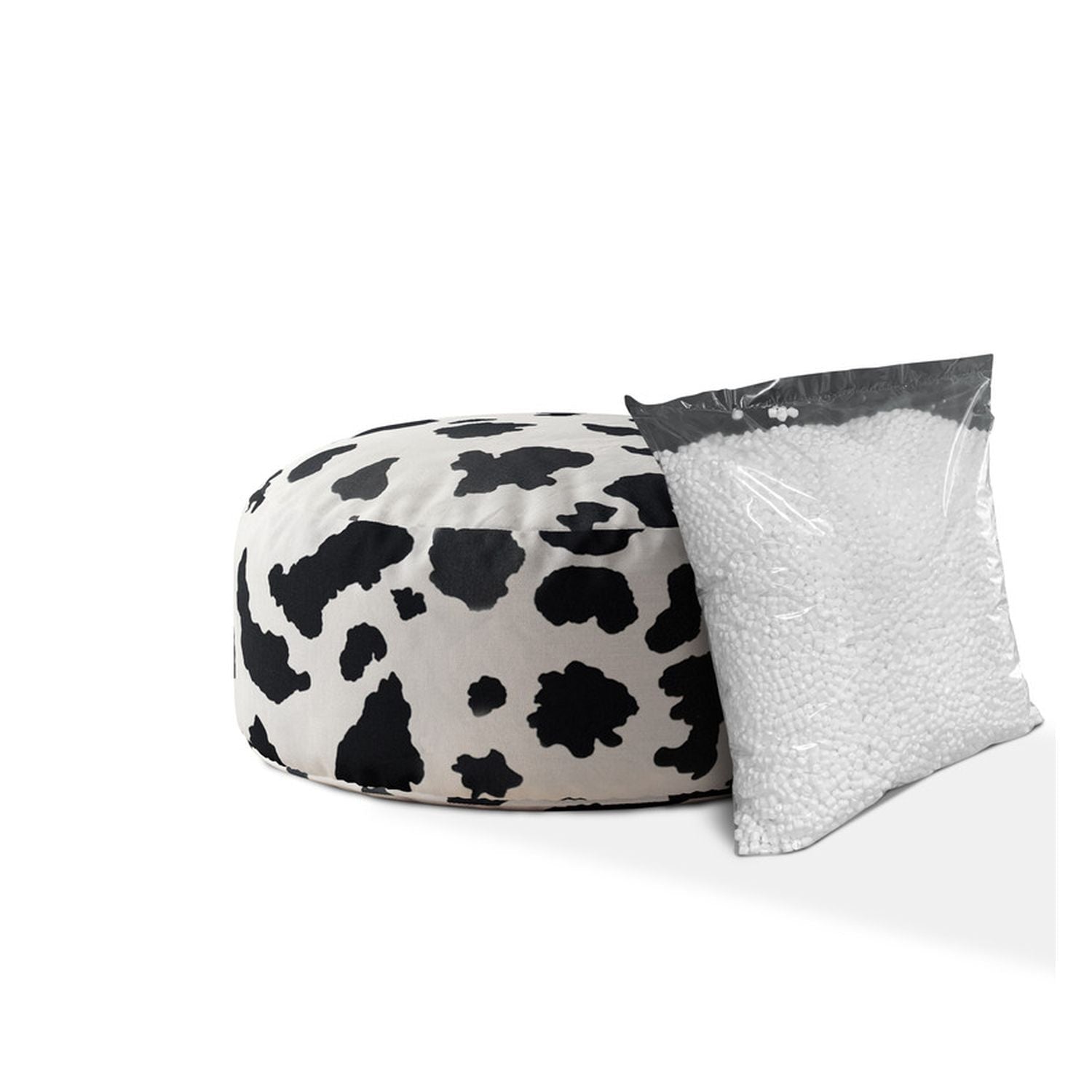 24" White And Black Twill Round Cow Print Pouf Ottoman