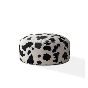 24" White And Black Twill Round Cow Print Pouf Ottoman