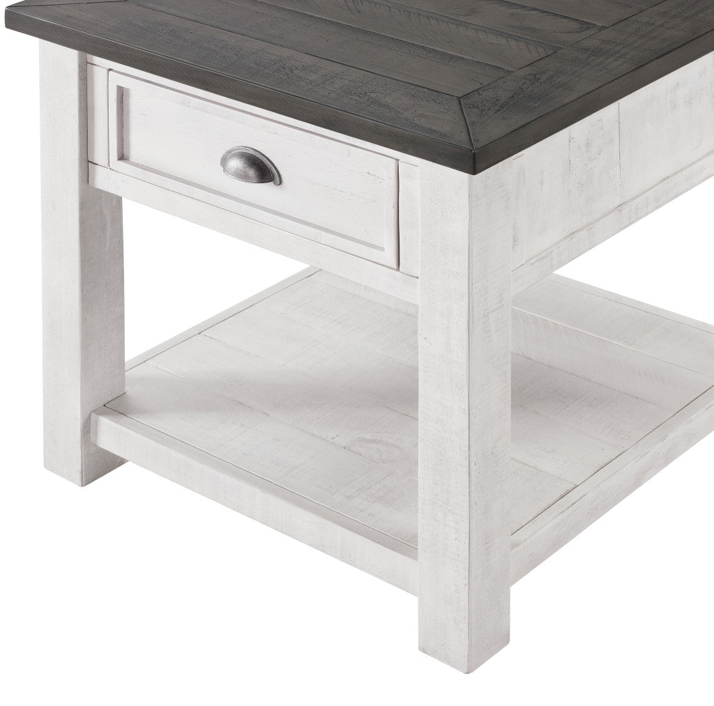 24" White and Grey Solid Wood End Table With Drawer And Shelf