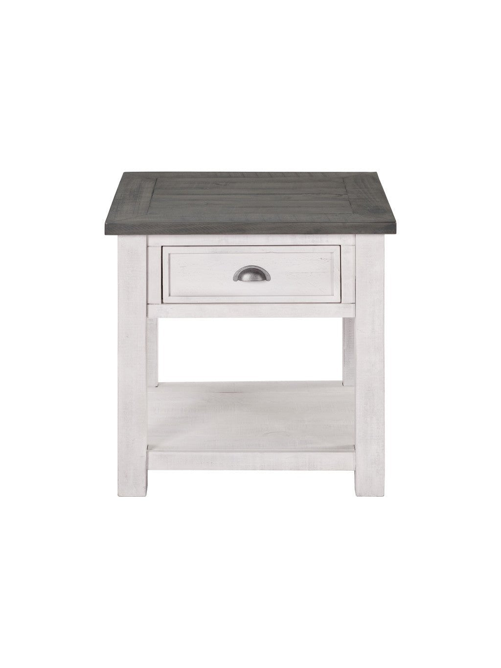 24" White and Grey Solid Wood End Table With Drawer And Shelf