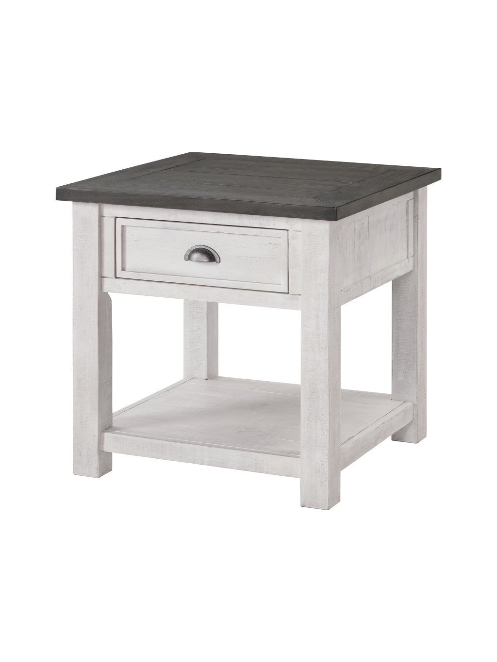 24" White and Grey Solid Wood End Table With Drawer And Shelf